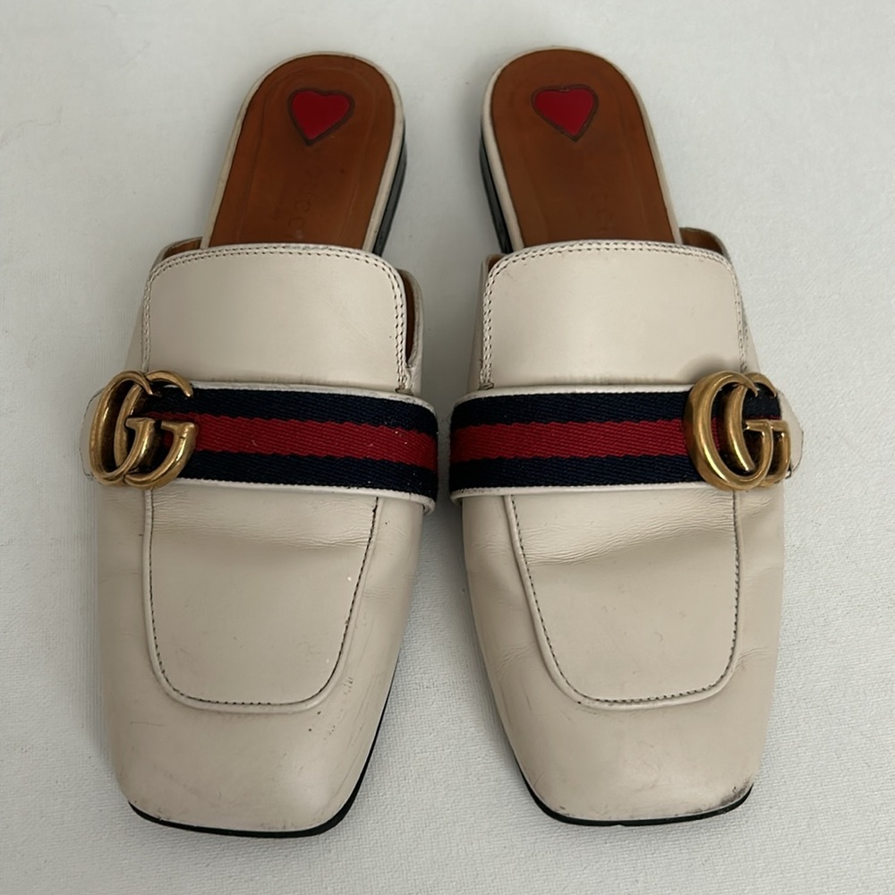 Gucci Peyton Marmont Mule Leather Slipper GG White Flat size 37.5